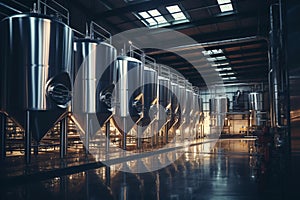 Fermentation mash vats or boiler tanks in a brewery factory. Brewery plant interior. Factory for the production of beer. Modern