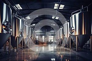 Fermentation mash vats or boiler tanks in a brewery factory. Brewery plant interior. Factory for the production of beer. Modern