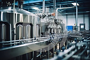 Fermentation mash vats or boiler tanks in a brewery factory. Brewery plant interior. Factory for the production of beer. Modern