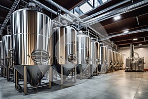 Fermentation mash vats or boiler tanks in a brewery factory. Brewery plant interior. Factory for the production of beer. Modern