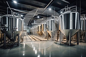 Fermentation mash vats or boiler tanks in a brewery factory. Brewery plant interior. Factory for the production of beer. Modern