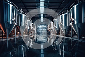 Fermentation mash vats or boiler tanks in a brewery factory. Brewery plant interior. Factory for the production of beer. Modern