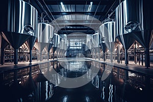 Fermentation mash vats or boiler tanks in a brewery factory. Brewery plant interior. Factory for the production of beer. Modern