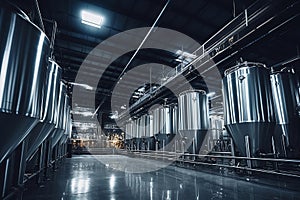 Fermentation mash vats or boiler tanks in a brewery factory. Brewery plant interior. Factory for the production of beer. Modern