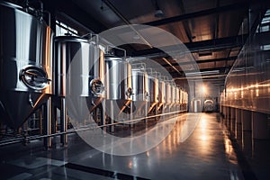 Fermentation mash vats or boiler tanks in a brewery factory. Brewery plant interior. Factory for the production of beer. Modern