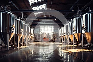 Fermentation mash vats or boiler tanks in a brewery factory. Brewery plant interior. Factory for the production of beer. Modern