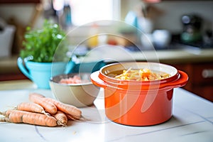 fermented carrot and ginger mix in a ceramic crock on a kitchen counter