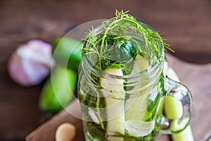 Fermented food in a can. Cucumbers, dill, garlic, marinade. National Russian food pickles in brine copy space