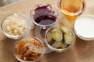 Fermented foods - kim chi, white and purple sauerkraut, apple cider vinegar, gherkins and kefir