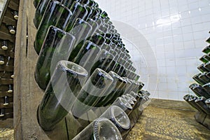 Fermenting wine bottles in winery