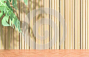 Fern foliage leaf shadow on stylized bamboo wall background and wooden parquet floor for sundries and product display photo