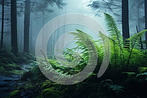 Fern forest with fog and light in the background,. Generative AI