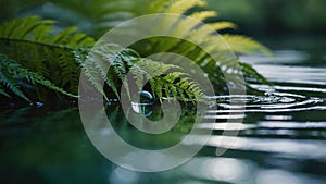 Serene Fern and Water Droplet Reflection in a Tranquil Pond