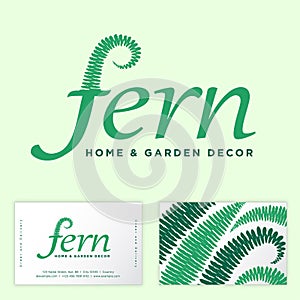 Fern icon. Green letters and fern leaf. Business card. Garden goods and home decor.