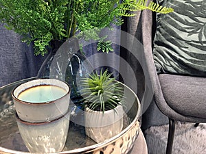 Fern in a large glass vase. Modern soft armchair in a minimalist style