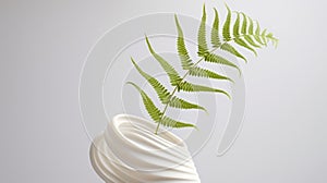 A fern leaf emerging from a white swirl. This image shows a green fern leaf with a curved shape coming out of a white