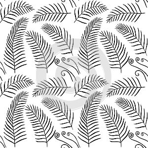 Fern leaves black vector sketch botanical seamless pattern. Tropics greenery scrapbook digital paper.