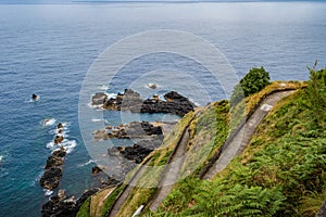 Cliff with footpath to sea, aerial view at CovilhÃ£ viewpoint, SÃ£o Miguel - Azores PORTUGAL photo