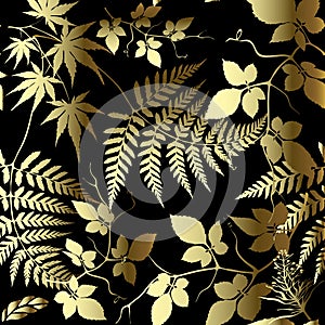 Fern leaves floral gold vector seamless pattern. Ornate leafy background. Ornamental repeat backdrop. Tropical abstract forest.