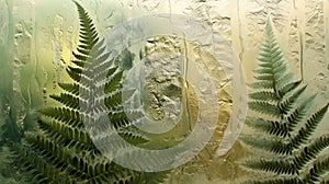 Fern leaves on frosted glass with sunlight filtering through