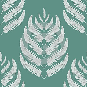 Fern leaves vector seamless pattern background. Stylized forest plant frond silver teal backdrop. Hand drawn botanical