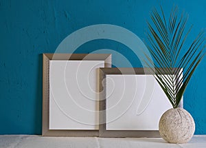 Fern in an old vase, two gray photo frames on a blue background