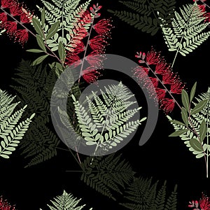 Fern tropical leaves seamless pattern . Bush plant leaves decoration on vintage brown background.