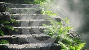 Ferns and moss on ancient stone stairs in morning mist.