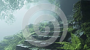 Ferns and moss on ancient stone stairs in morning mist.
