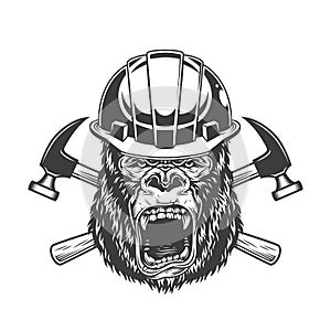 Ferocious gorilla head in builder helmet