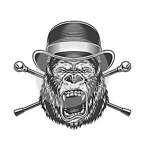Ferocious gorilla head in fedora hat