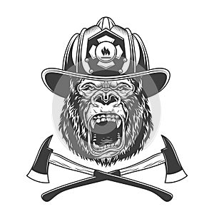 Ferocious gorilla head in firefighter helmet