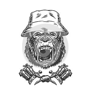 Ferocious gorilla head in panama hat