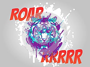 Ferocious roaring tiger. vector Abstract ink splashes on the background