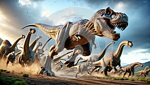 A ferocious T-Rex chases a herd of dinosaurs across a prehistoric landscape. Generative Ai