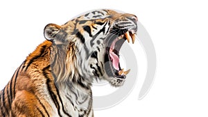 Ferocious tiger roaring with mouth wide open against pristine white backdrop