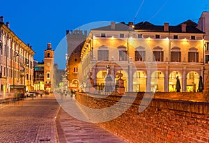 Ferrara, Italy: Evening view of the historic center of Ferrara. Illuminated old architecture and the city landmarks