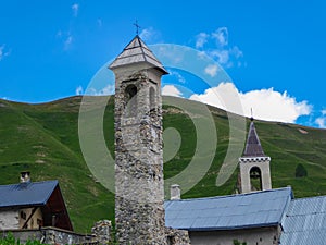 Ferrere - Stone tower and houses in small remote alpine village of Ferrere in valley Valle Stura