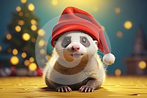 ferret in a Christmas hat, Merry Christmas card.