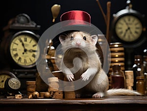 Ferret magician in tiny hat and wand