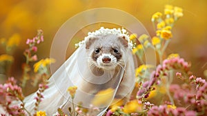 Ferret in a miniature bridal veil offering a whimsical twist to traditional wedding themes