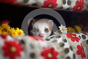 ferret poking its head out from a bed of daisies