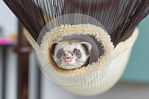 ferret poking its head out of a hole in a pet hammock
