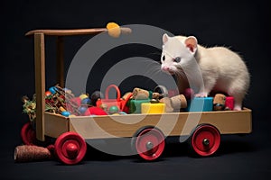 ferret pulling a toy wagon filled with playthings