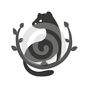 Ferret sits on a branch in gray in flat style. Design suitable for logo, tattoo, emblem, mascot, sticker, animal symbol, banner