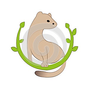 Ferret sitting on a green branch in a flat style. Design suitable for logo, tattoo, emblem, mascot, sticker, animal symbol, banner