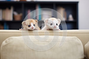 ferrets curious eyes over a sofa cushion