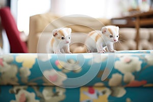 ferrets curious gaze over sofas edge