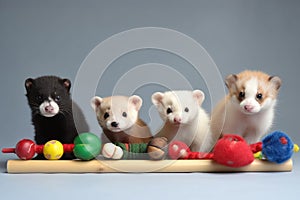 ferrets favorite chew toys in a row