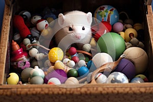 ferrets toy stash spilling out of a small storage box